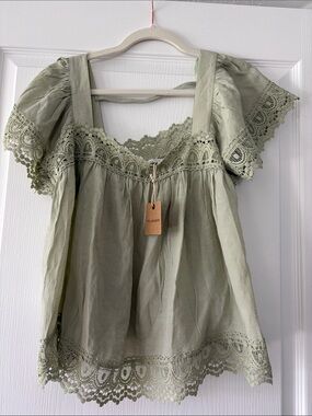 Blu Pepper Sage Green Lace-Trim Square Neck Blouse